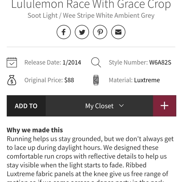 Lululemon-Race with Grace Crops-Soot Light-Sz 8-NW - Picture 8 of 13